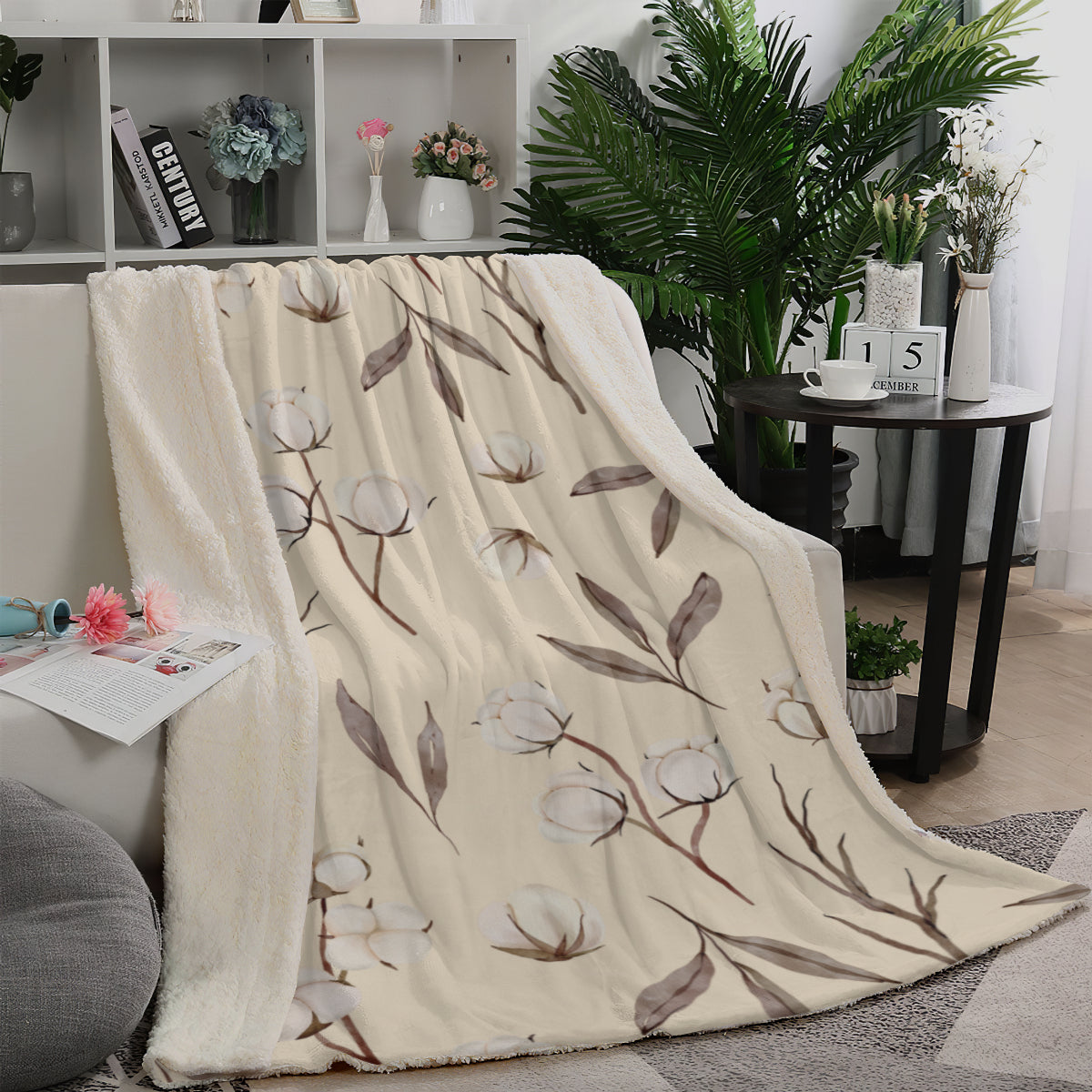 Floral Neutral Sherpa Fleece Blanket - Mirphys