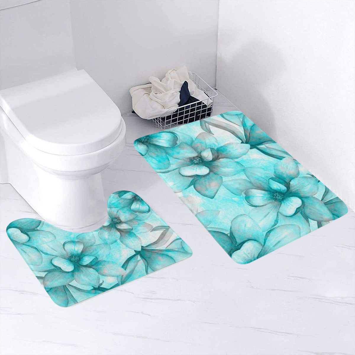 Teal Flowers Bathroom Mat Set